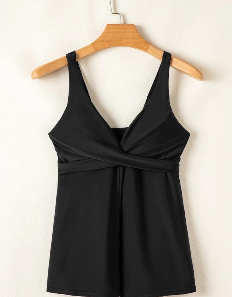 Black Crossed V Neck Adjustable Strap Babydoll Tankini Top