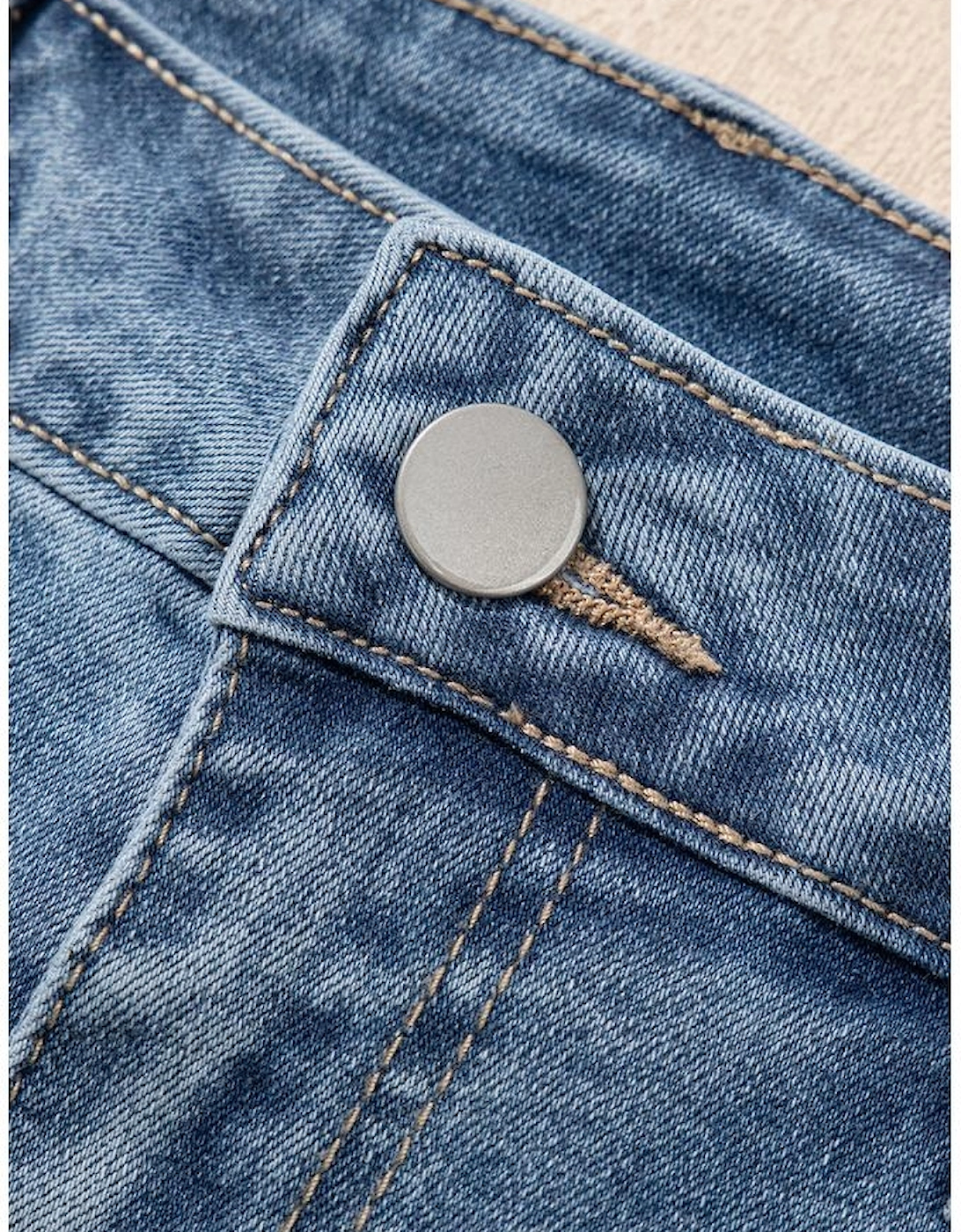 Dusk Blue Pearl Beaded Raw Hem Medium Wash Denim Shorts