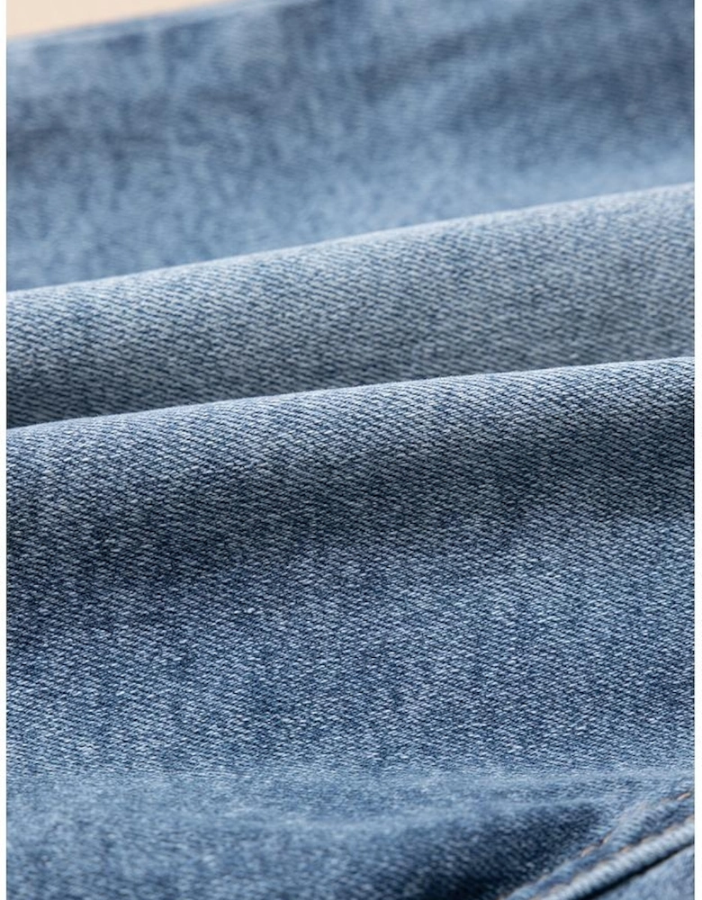 Dusk Blue Pearl Beaded Raw Hem Medium Wash Denim Shorts