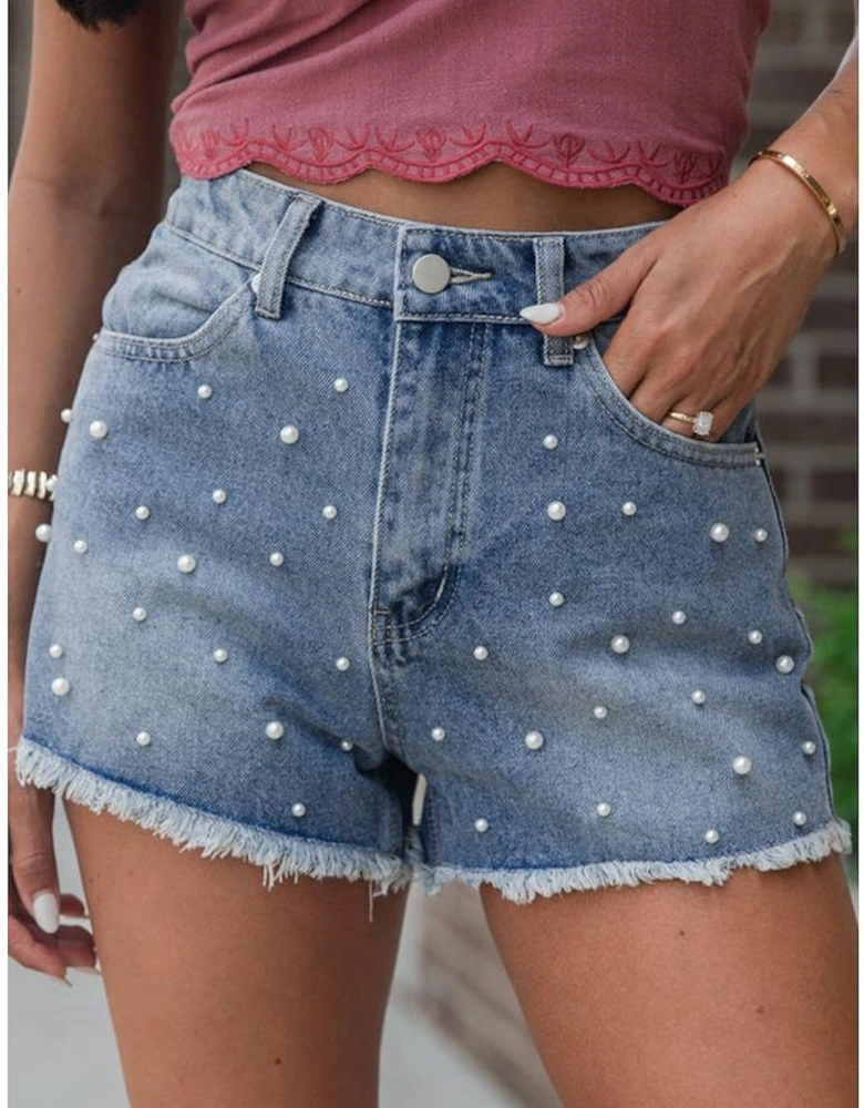 Dusk Blue Pearl Beaded Raw Hem Medium Wash Denim Shorts