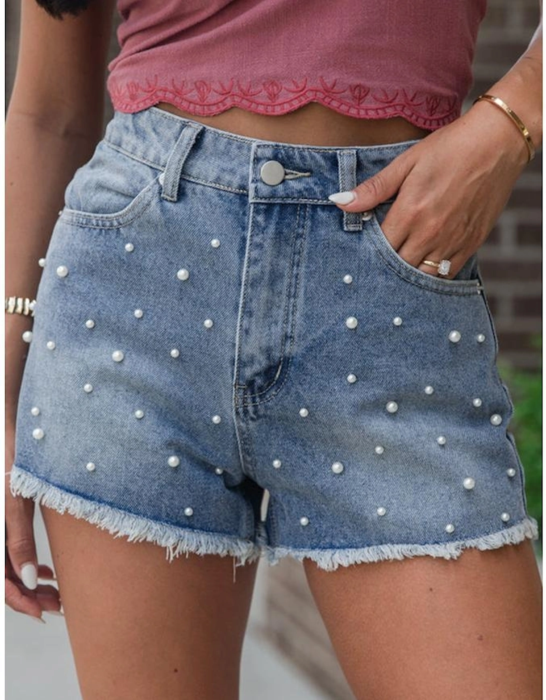 Dusk Blue Pearl Beaded Raw Hem Medium Wash Denim Shorts