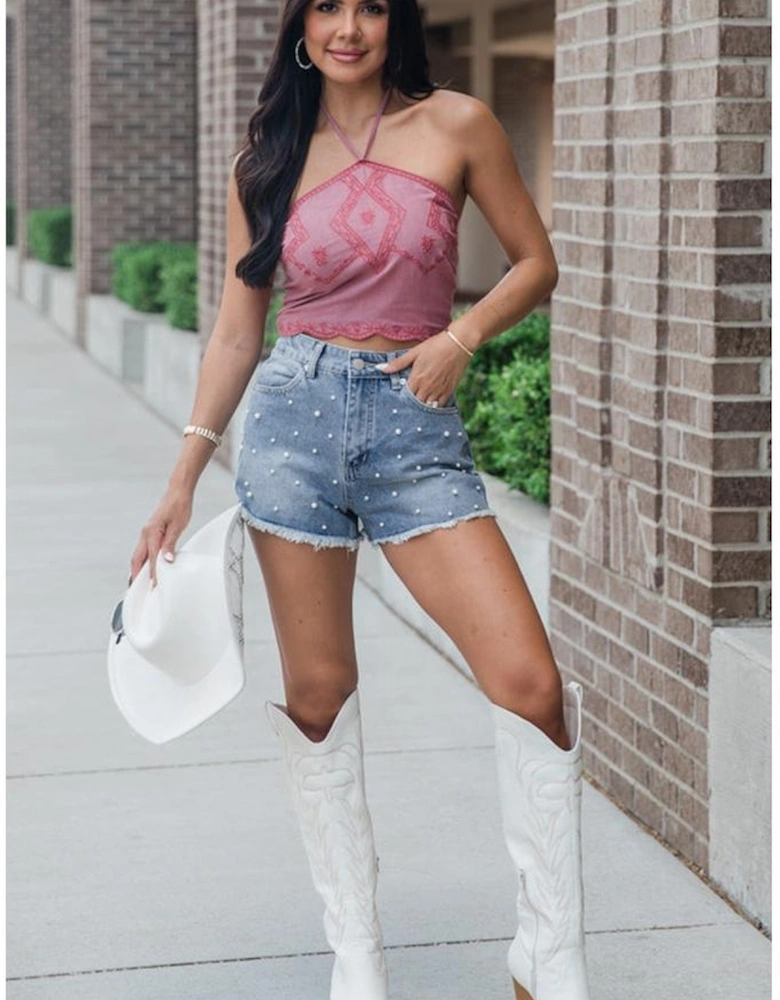 Dusk Blue Pearl Beaded Raw Hem Medium Wash Denim Shorts