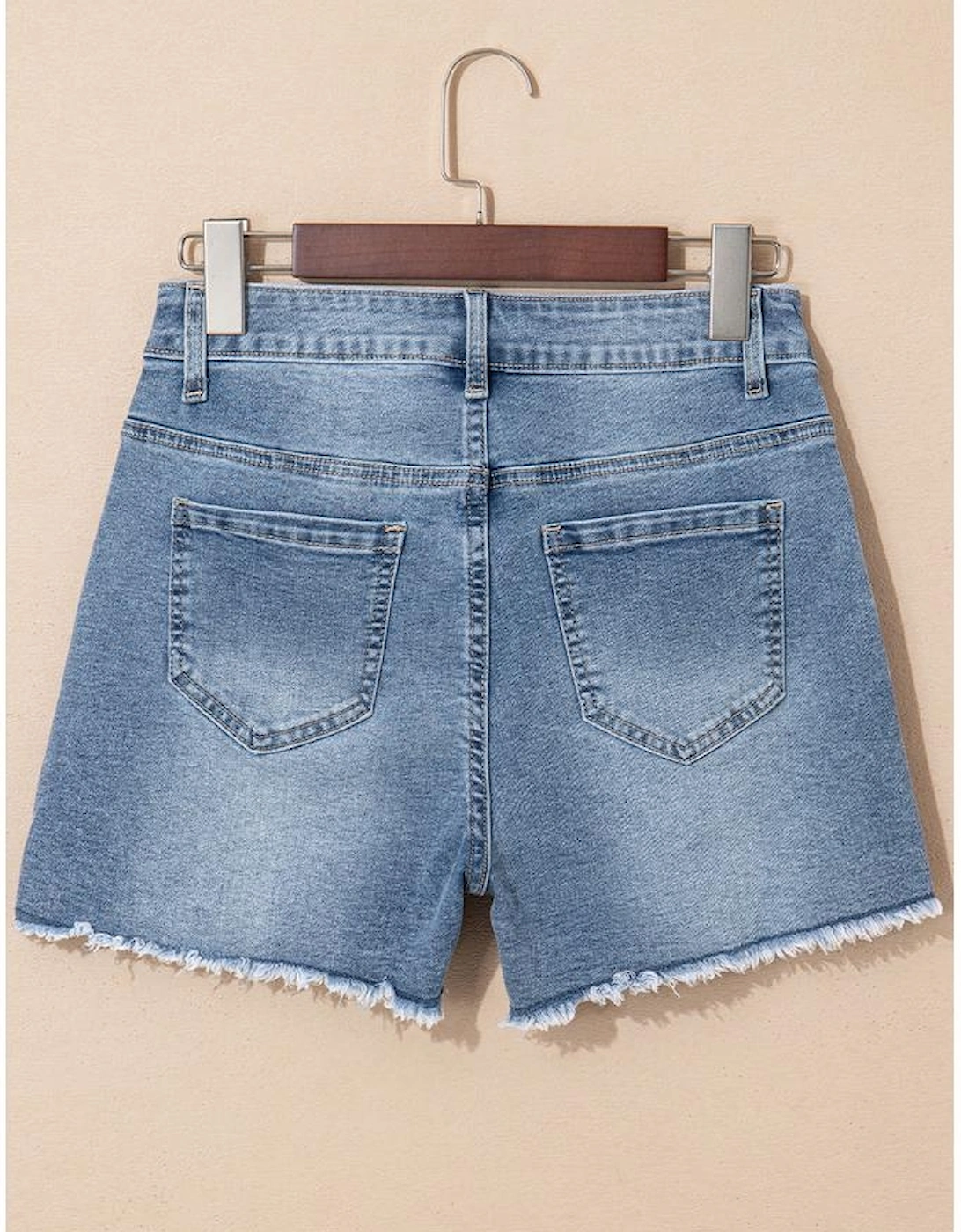 Dusk Blue Pearl Beaded Raw Hem Medium Wash Denim Shorts