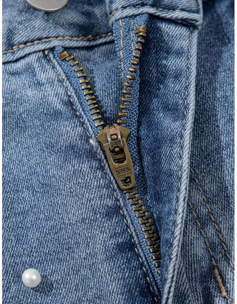 Dusk Blue Pearl Beaded Raw Hem Medium Wash Denim Shorts