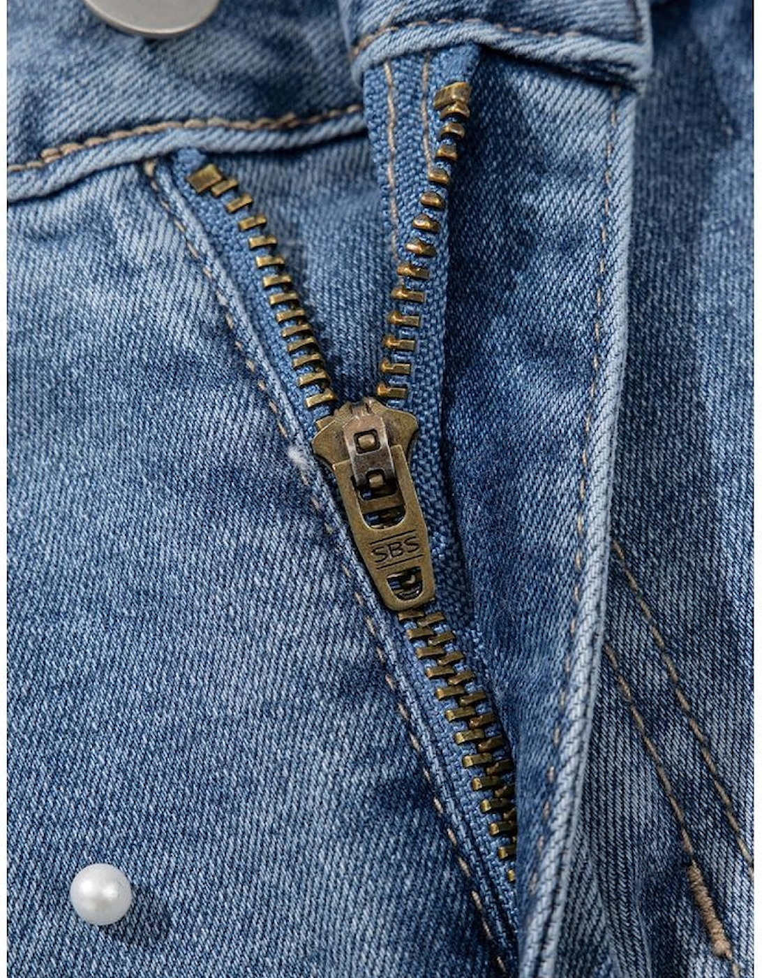 Dusk Blue Pearl Beaded Raw Hem Medium Wash Denim Shorts