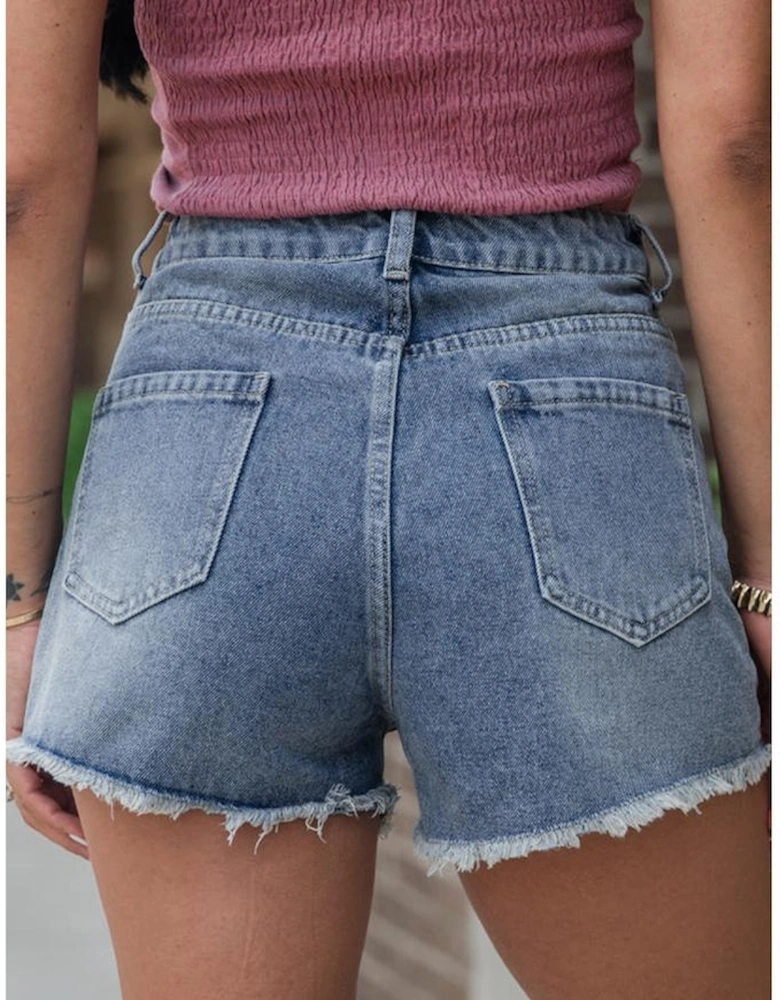 Dusk Blue Pearl Beaded Raw Hem Medium Wash Denim Shorts