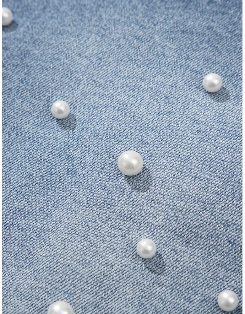 Dusk Blue Pearl Beaded Raw Hem Medium Wash Denim Shorts