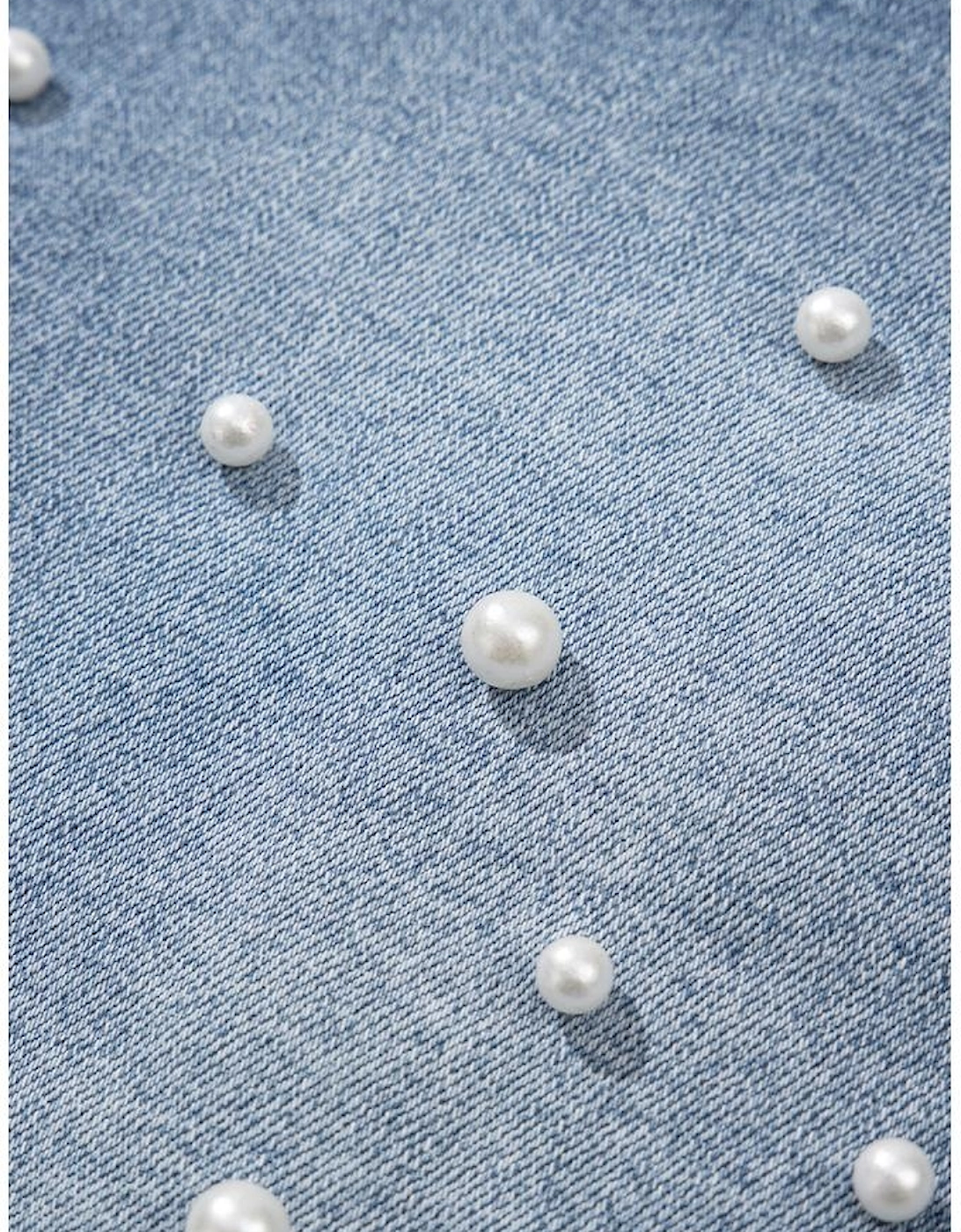 Dusk Blue Pearl Beaded Raw Hem Medium Wash Denim Shorts