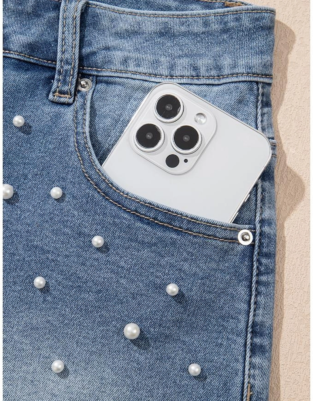 Dusk Blue Pearl Beaded Raw Hem Medium Wash Denim Shorts