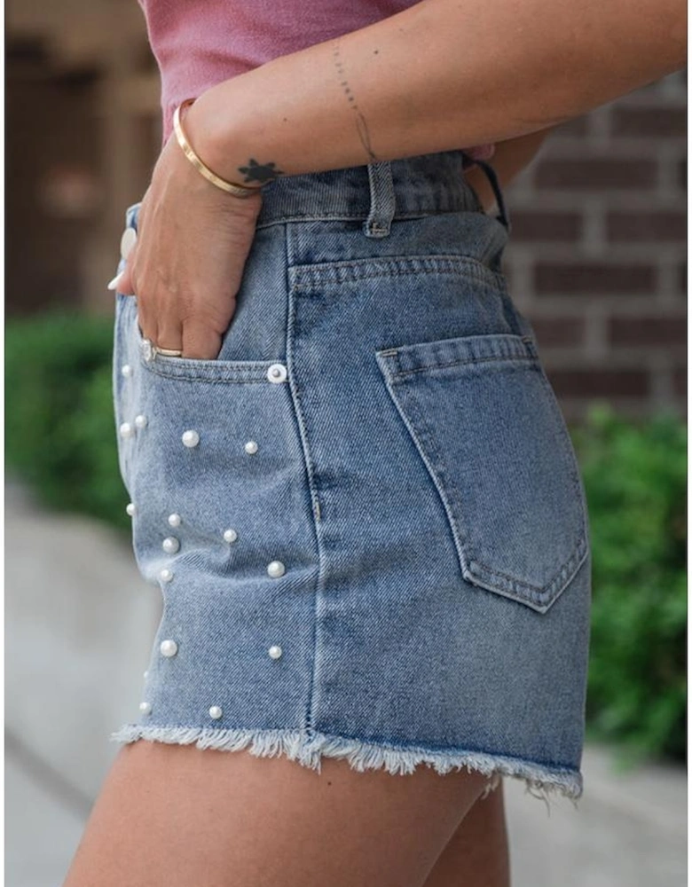 Dusk Blue Pearl Beaded Raw Hem Medium Wash Denim Shorts