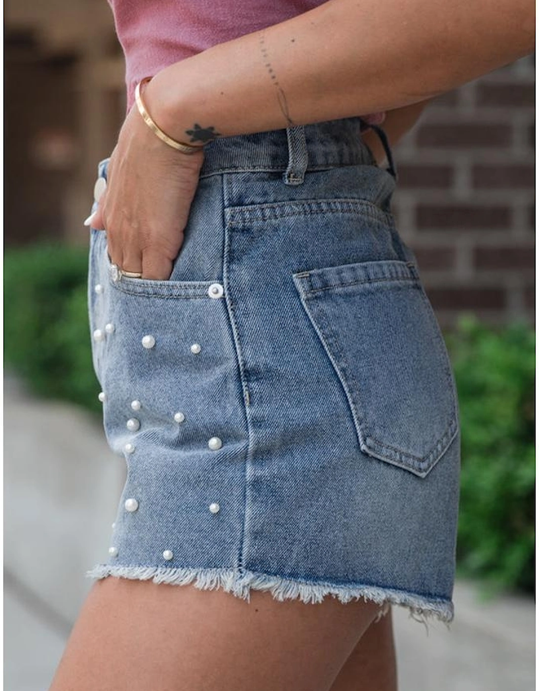 Dusk Blue Pearl Beaded Raw Hem Medium Wash Denim Shorts