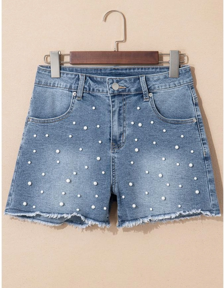 Dusk Blue Pearl Beaded Raw Hem Medium Wash Denim Shorts