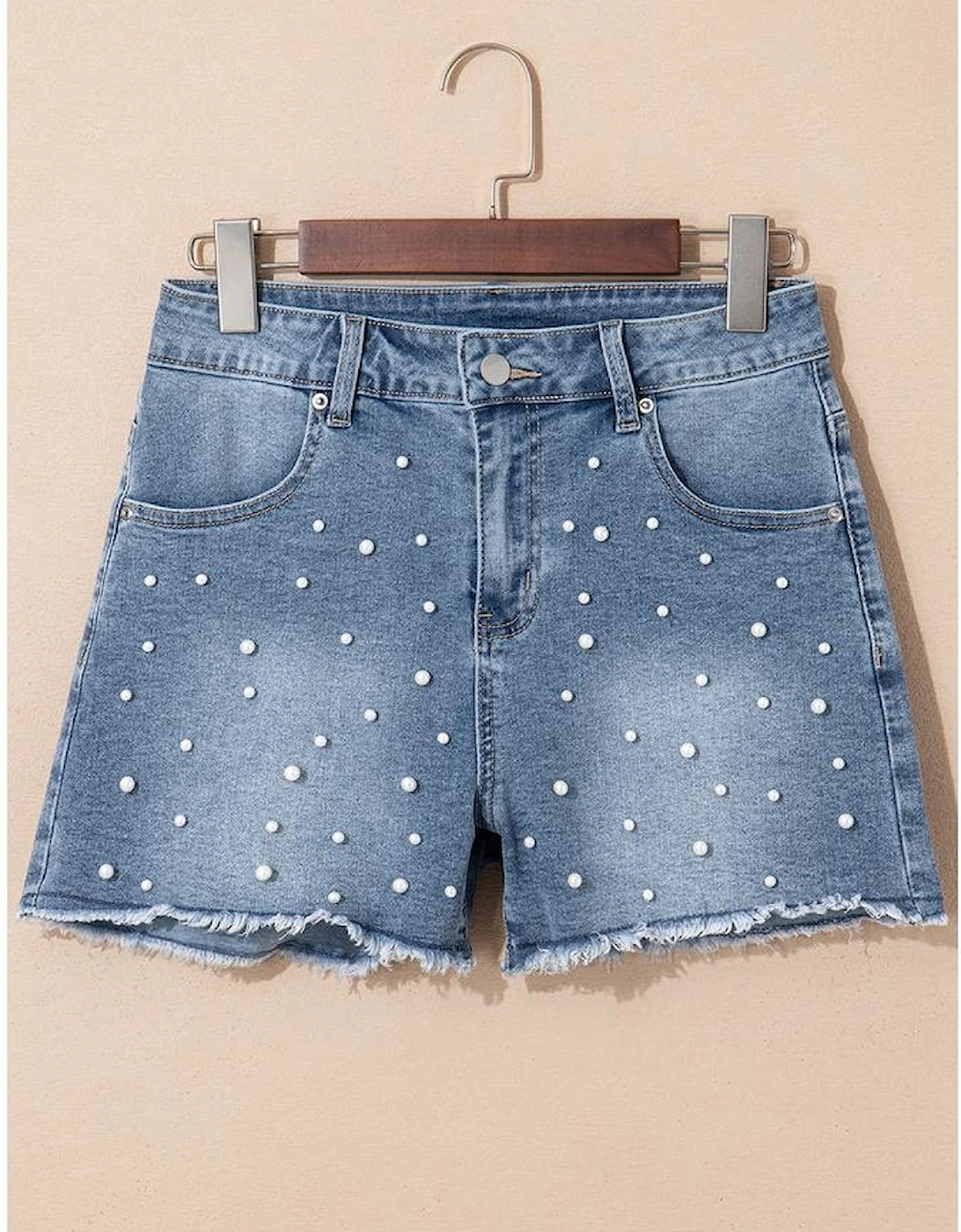 Dusk Blue Pearl Beaded Raw Hem Medium Wash Denim Shorts