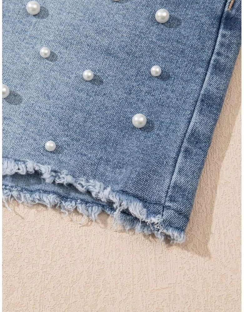 Dusk Blue Pearl Beaded Raw Hem Medium Wash Denim Shorts