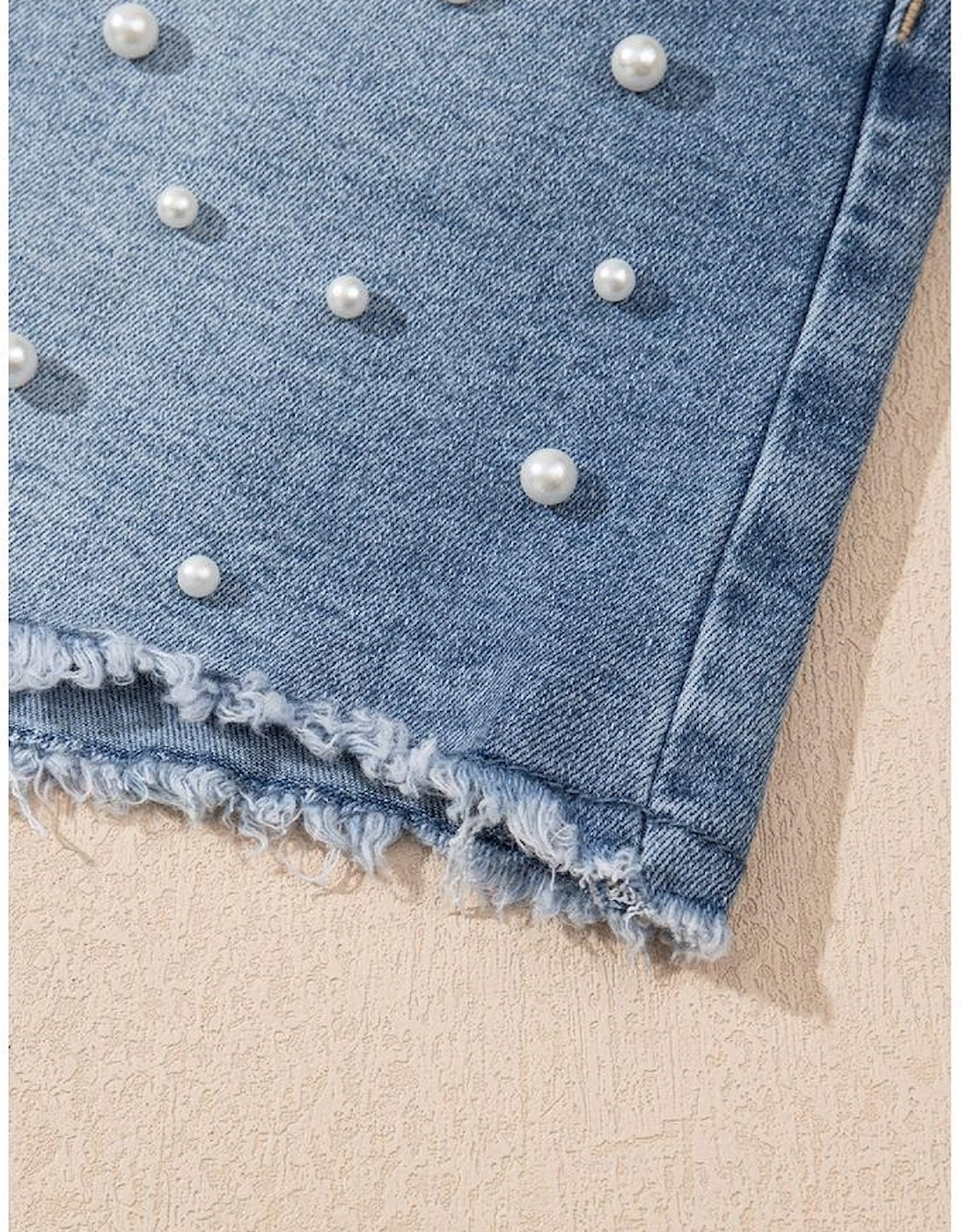 Dusk Blue Pearl Beaded Raw Hem Medium Wash Denim Shorts