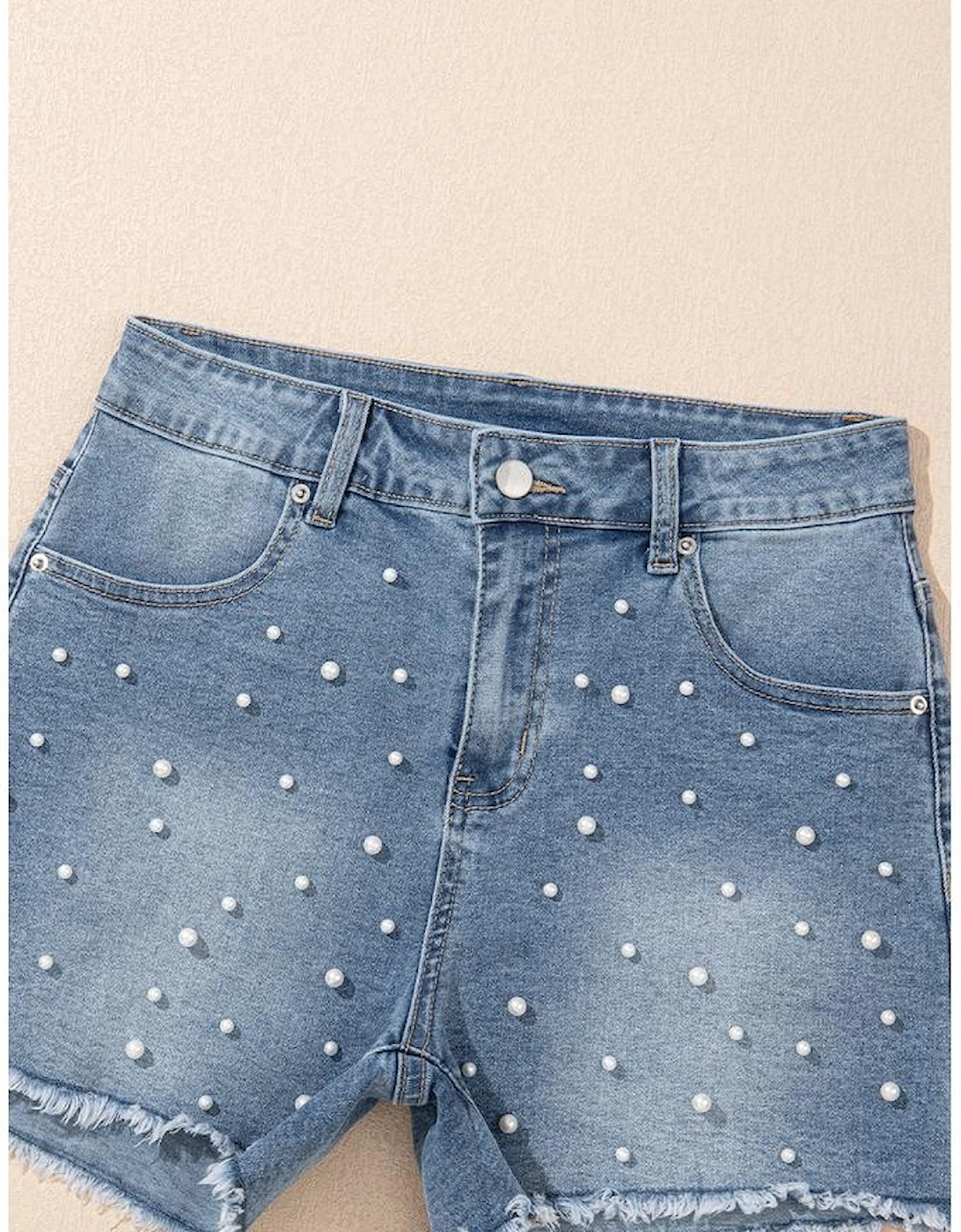 Dusk Blue Pearl Beaded Raw Hem Medium Wash Denim Shorts