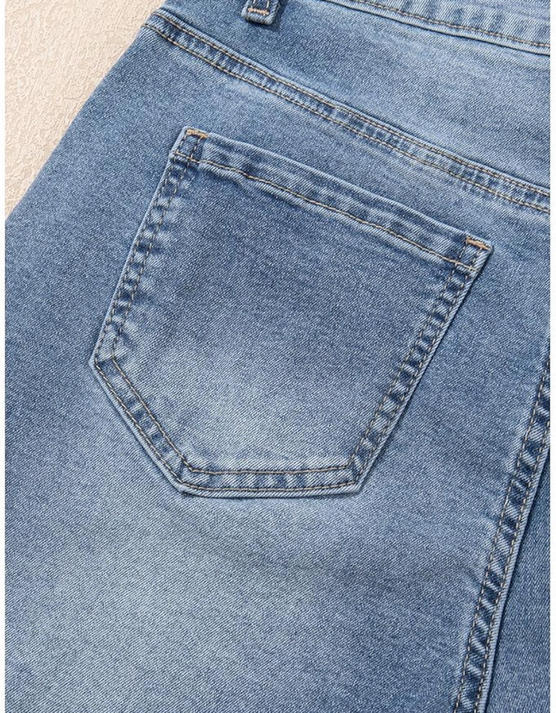 Dusk Blue Pearl Beaded Raw Hem Medium Wash Denim Shorts