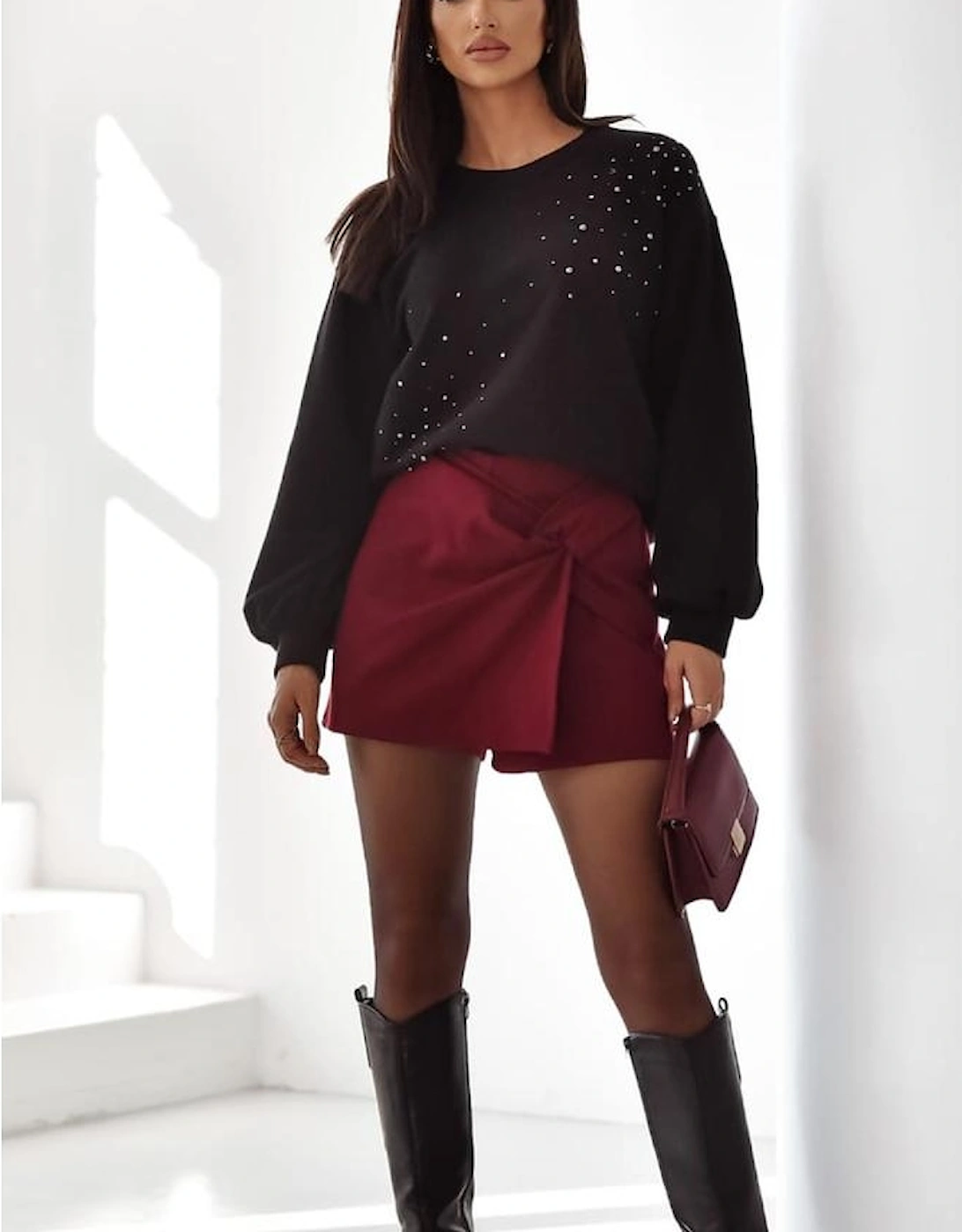 Black Rhinestone Embellished Drop Shoulder Ribbed Cuffs Wholesale Sweatshirt