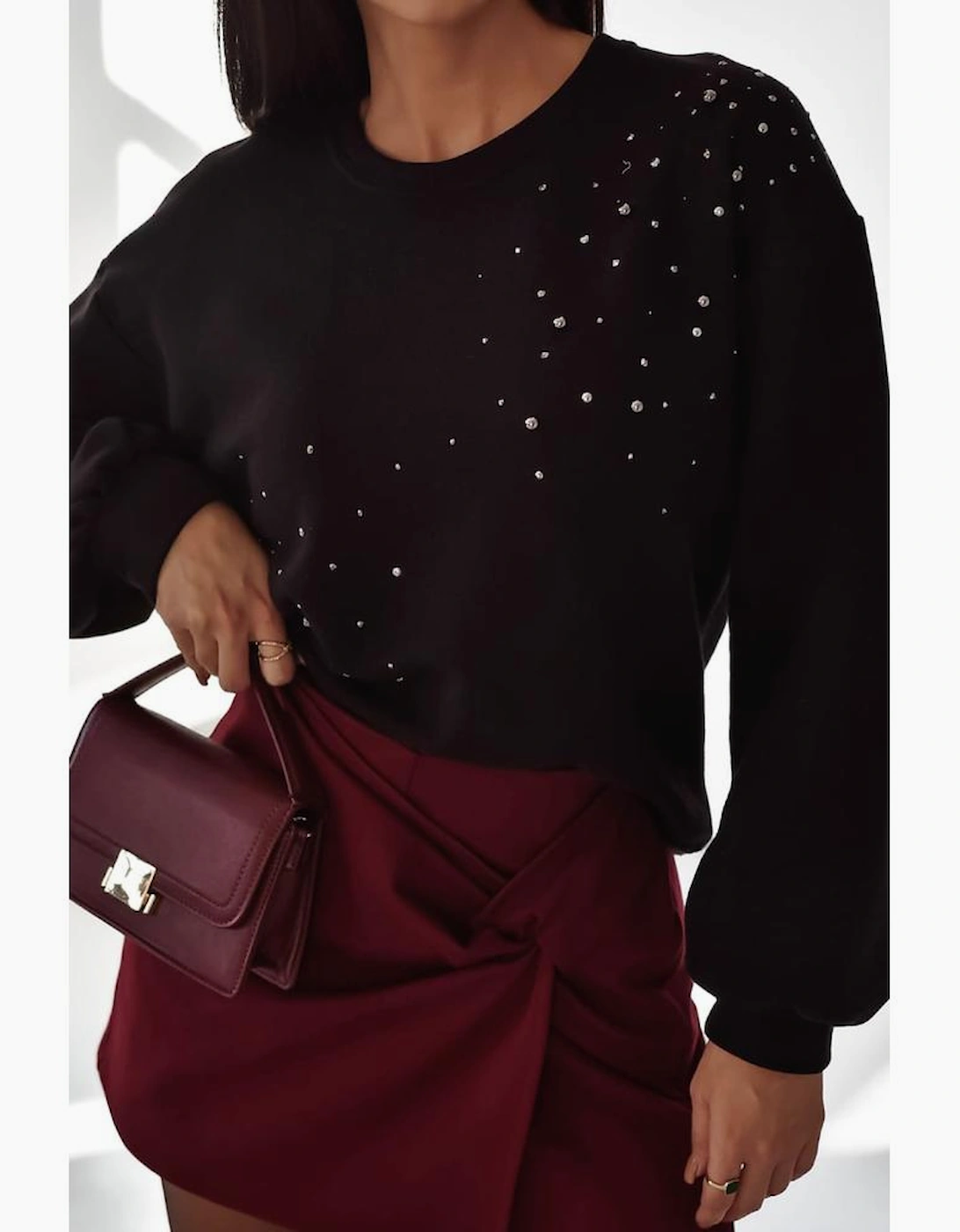 Black Rhinestone Embellished Drop Shoulder Ribbed Cuffs Wholesale Sweatshirt