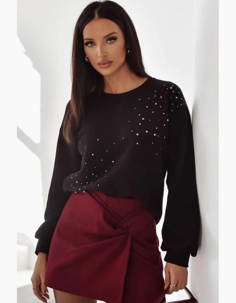 Black Rhinestone Embellished Drop Shoulder Ribbed Cuffs Wholesale Sweatshirt