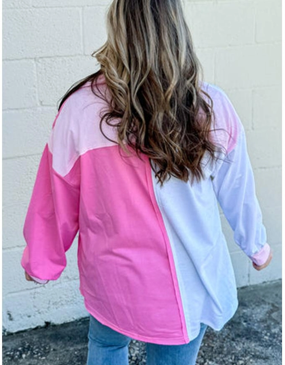 Bonbon Color Block Chest Pockets Half Button Plus Size Sweatshirt