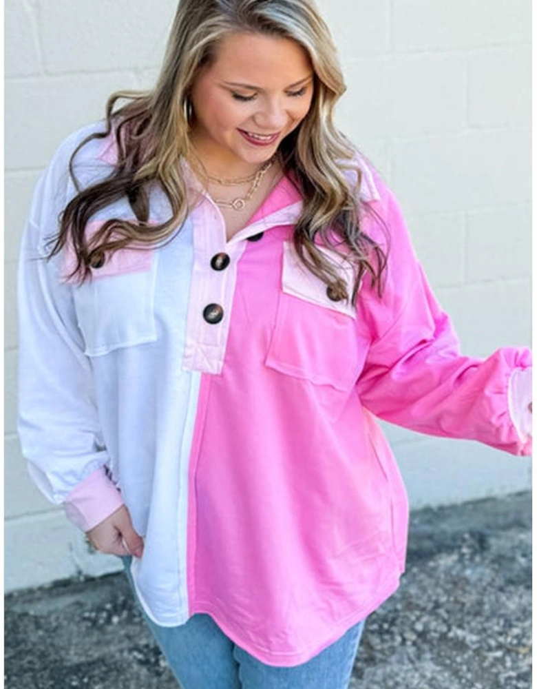 Bonbon Color Block Chest Pockets Half Button Plus Size Sweatshirt