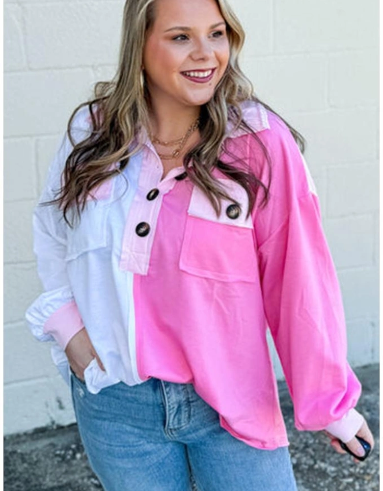 Bonbon Color Block Chest Pockets Half Button Plus Size Sweatshirt