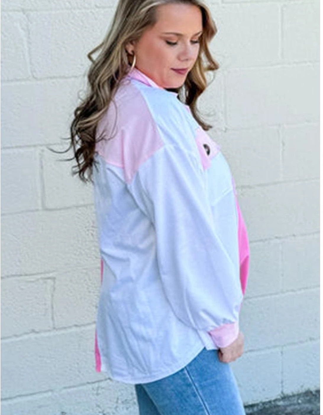 Bonbon Color Block Chest Pockets Half Button Plus Size Sweatshirt