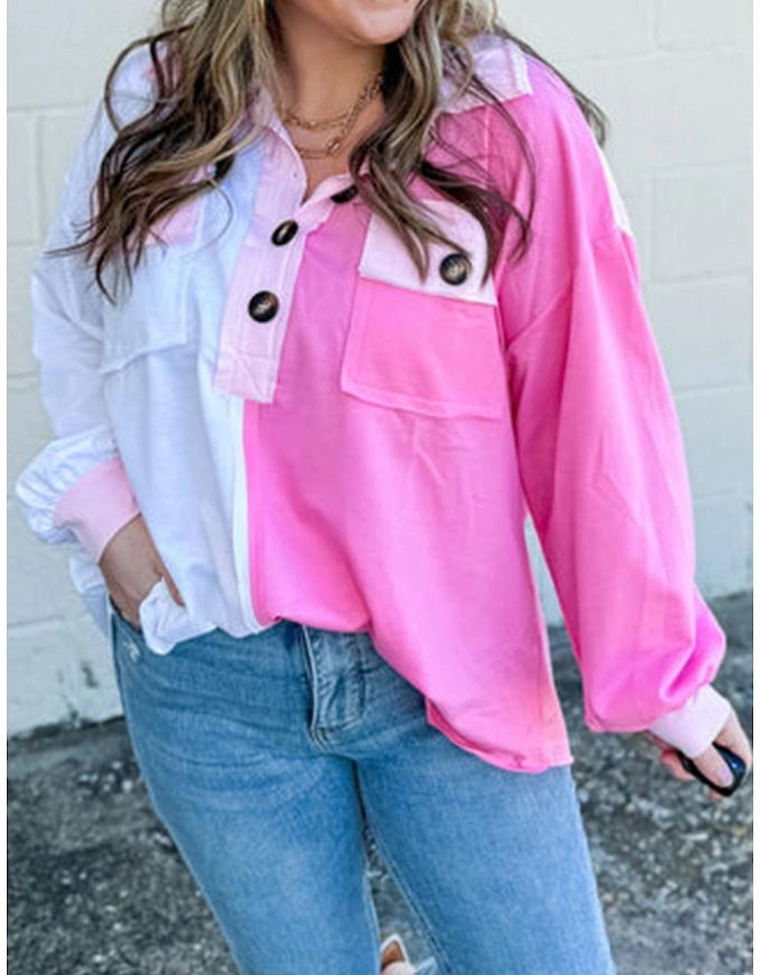 Bonbon Color Block Chest Pockets Half Button Plus Size Sweatshirt