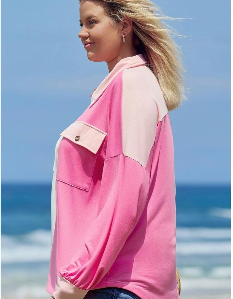 Bonbon Color Block Chest Pockets Half Button Plus Size Sweatshirt