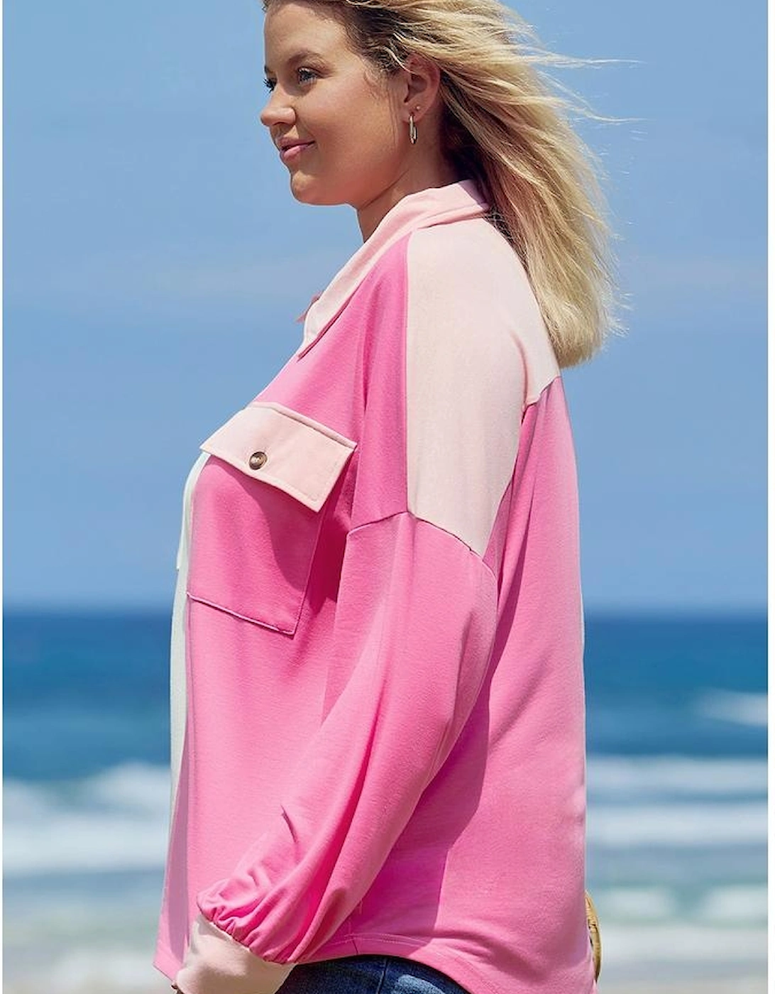 Bonbon Color Block Chest Pockets Half Button Plus Size Sweatshirt