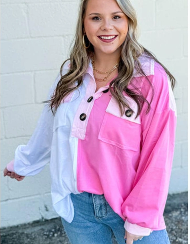 Bonbon Color Block Chest Pockets Half Button Plus Size Sweatshirt