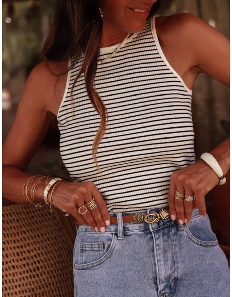 White Striped Print Ribbed Knit Sleeveless Top