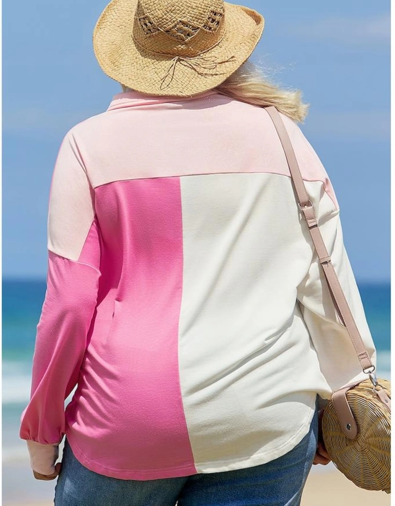 Bonbon Color Block Chest Pockets Half Button Plus Size Sweatshirt