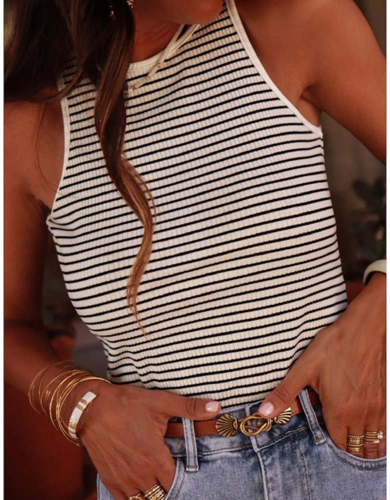 White Striped Print Ribbed Knit Sleeveless Top