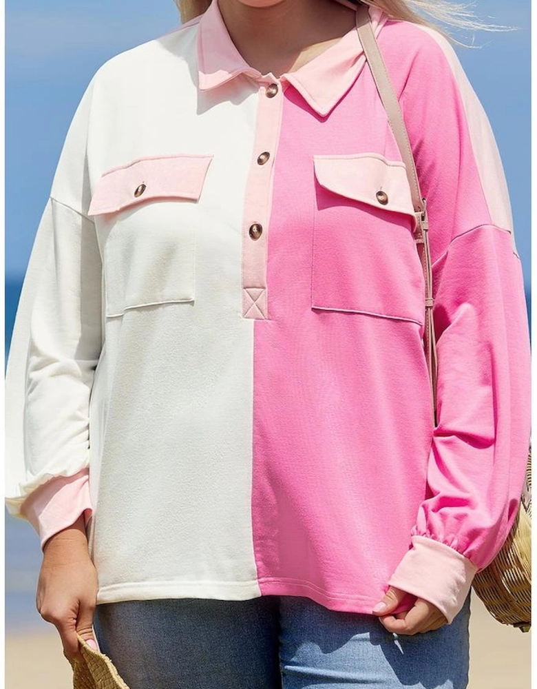 Bonbon Color Block Chest Pockets Half Button Plus Size Sweatshirt