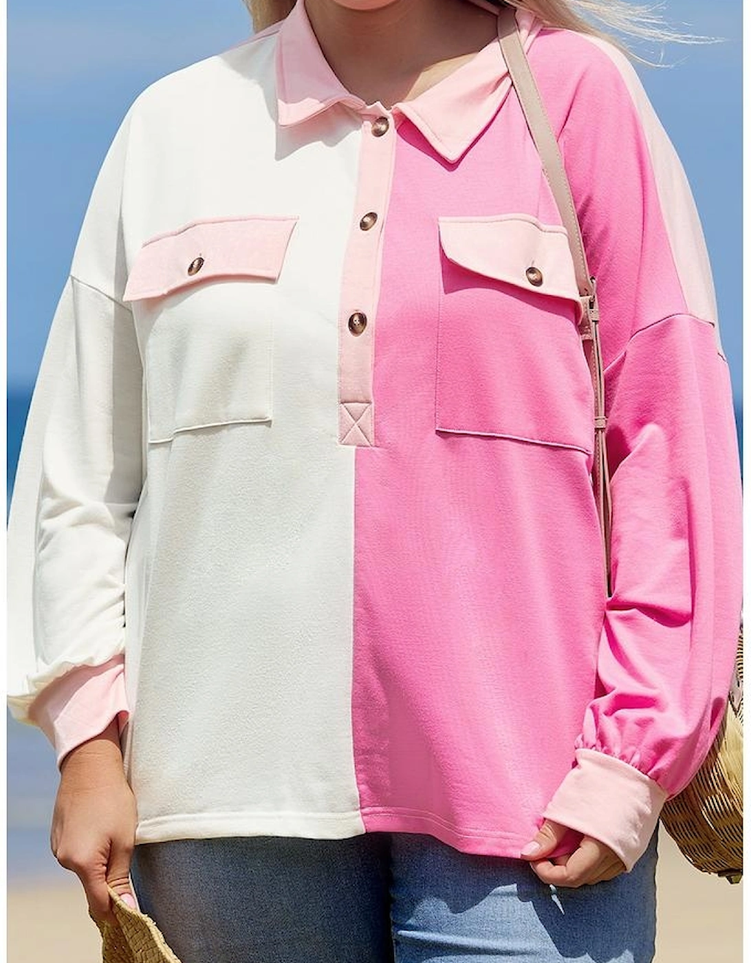 Bonbon Color Block Chest Pockets Half Button Plus Size Sweatshirt