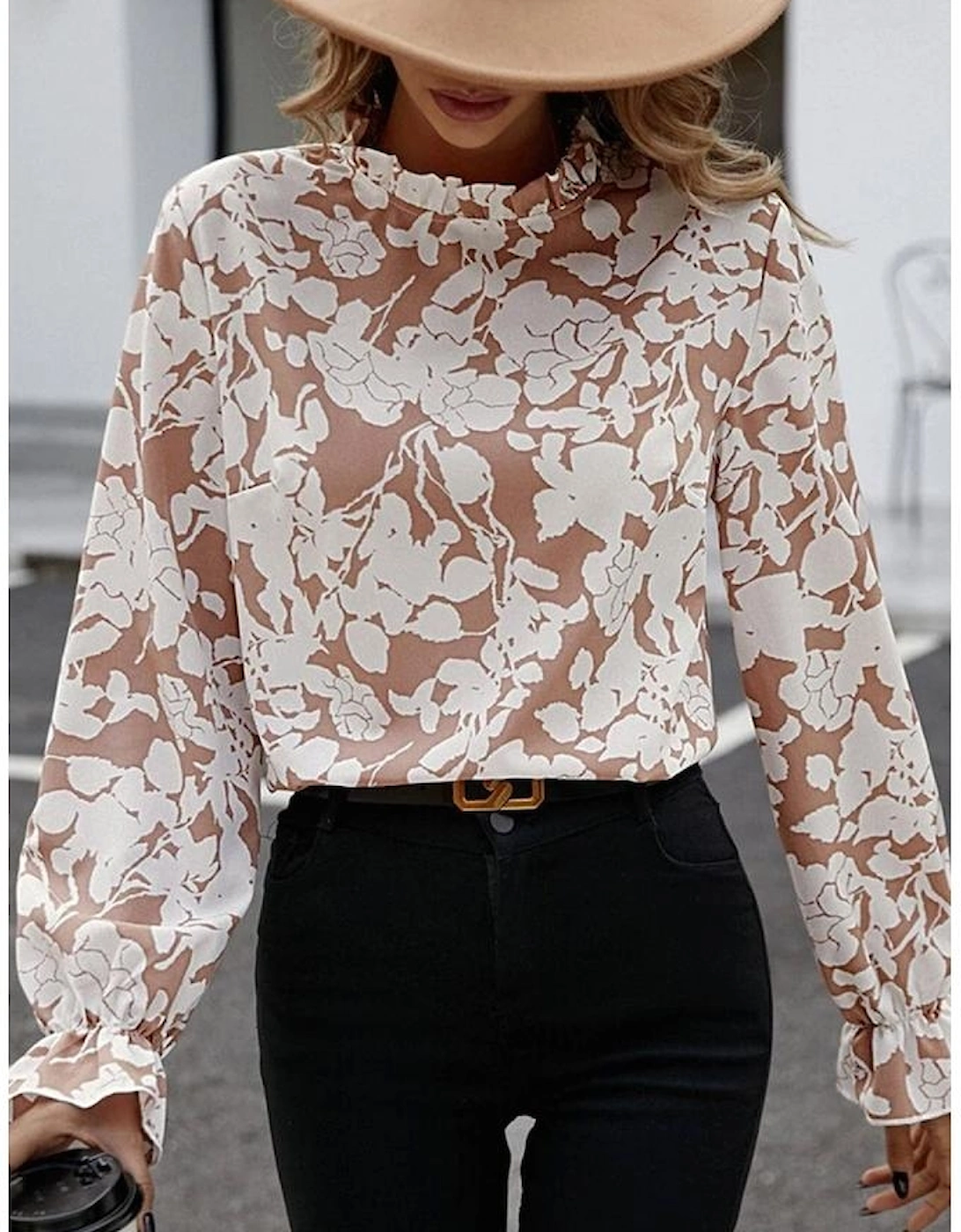 Flaxen Floral Print Frilled Neckline Flounce Sleeve Blouse, 6 of 5