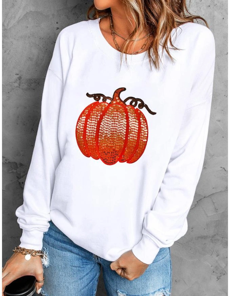 White Sequin Pumpkin Patched Casual Pullover Graphic Sweatshirt