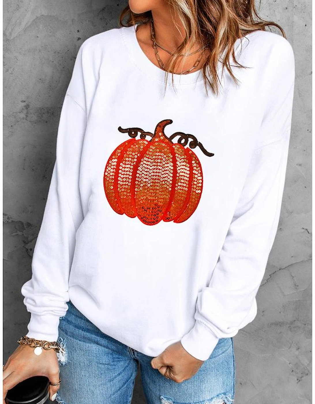 White Sequin Pumpkin Patched Casual Pullover Graphic Sweatshirt