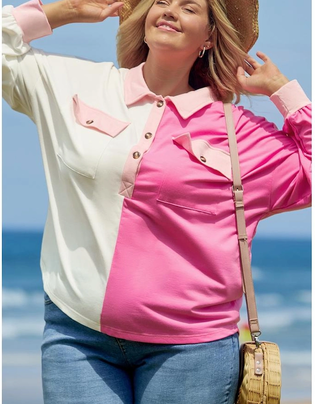 Bonbon Color Block Chest Pockets Half Button Plus Size Sweatshirt