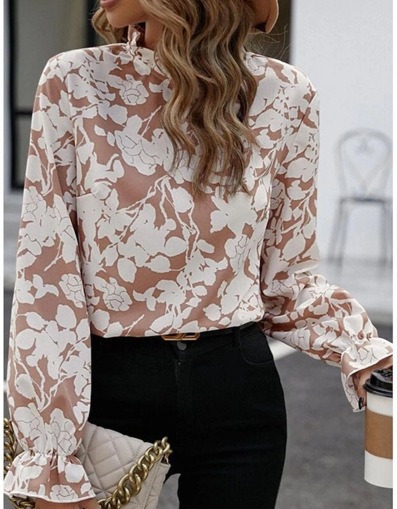Flaxen Floral Print Frilled Neckline Flounce Sleeve Blouse