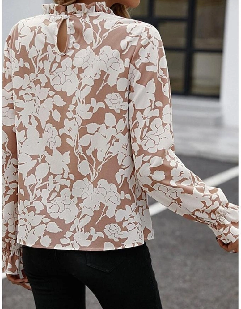 Flaxen Floral Print Frilled Neckline Flounce Sleeve Blouse