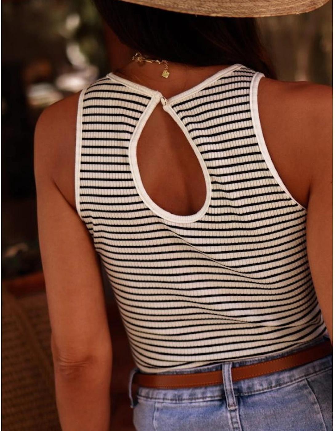 White Striped Print Ribbed Knit Sleeveless Top