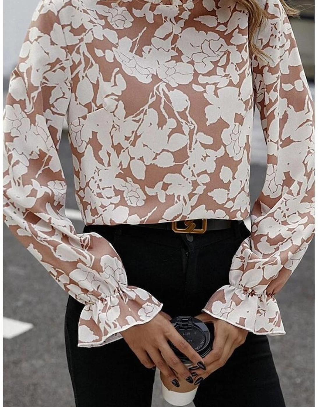 Flaxen Floral Print Frilled Neckline Flounce Sleeve Blouse