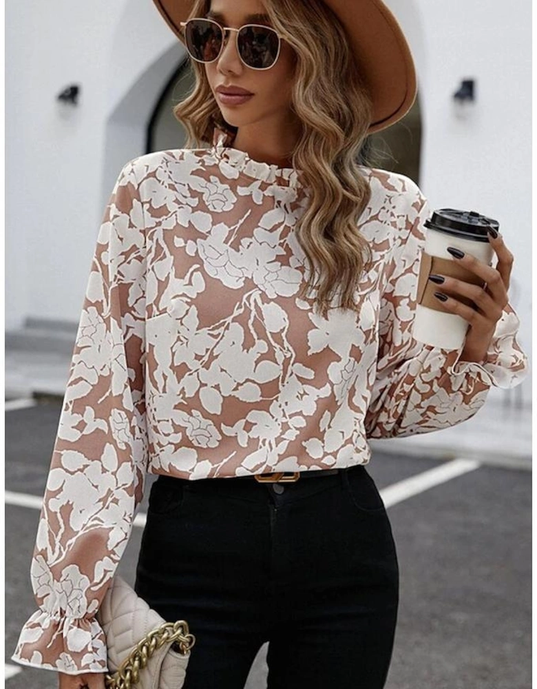 Flaxen Floral Print Frilled Neckline Flounce Sleeve Blouse