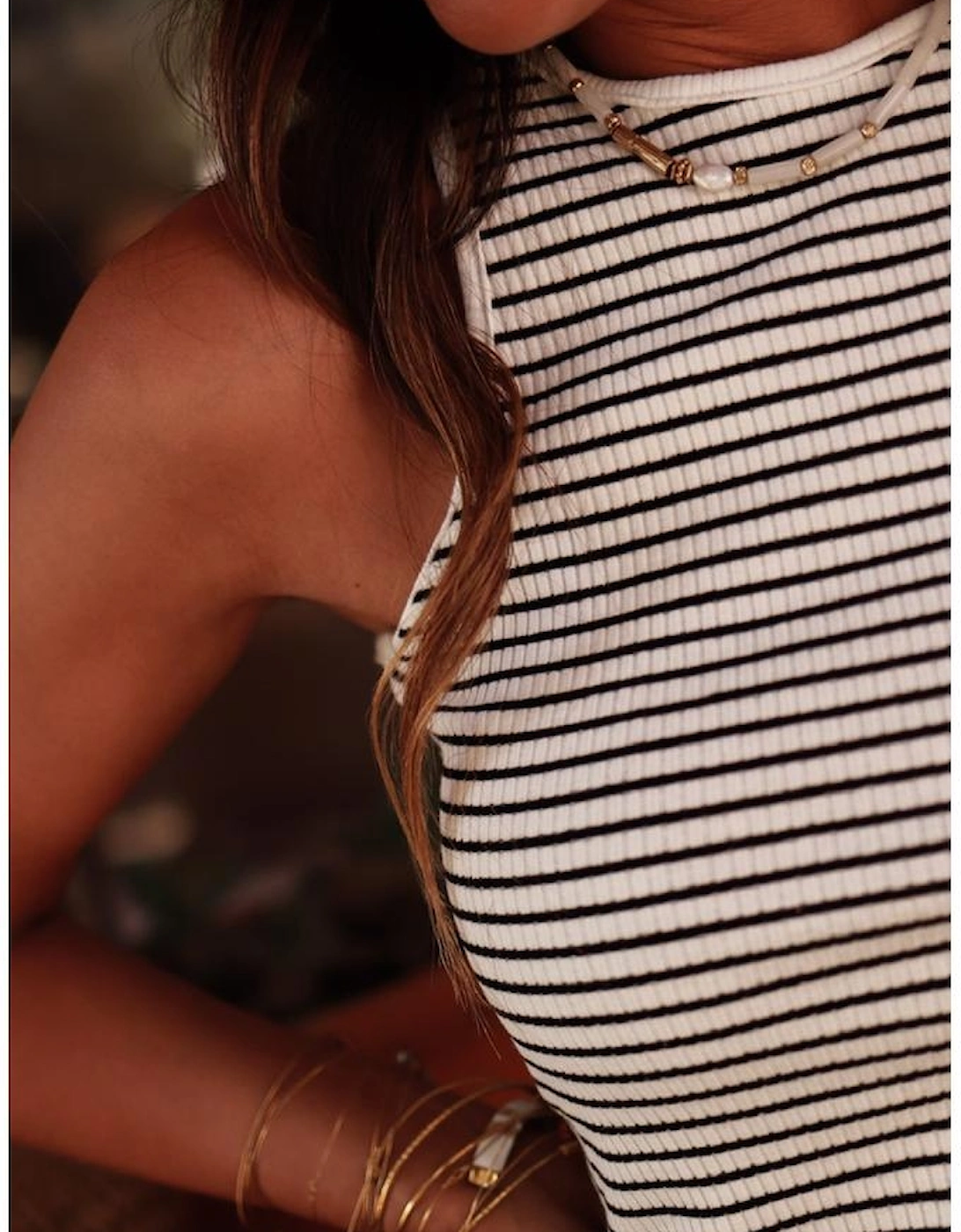 White Striped Print Ribbed Knit Sleeveless Top
