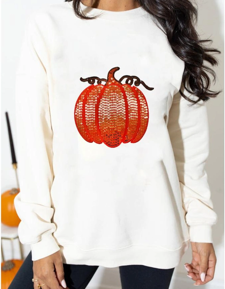 White Sequin Pumpkin Patched Casual Pullover Graphic Sweatshirt