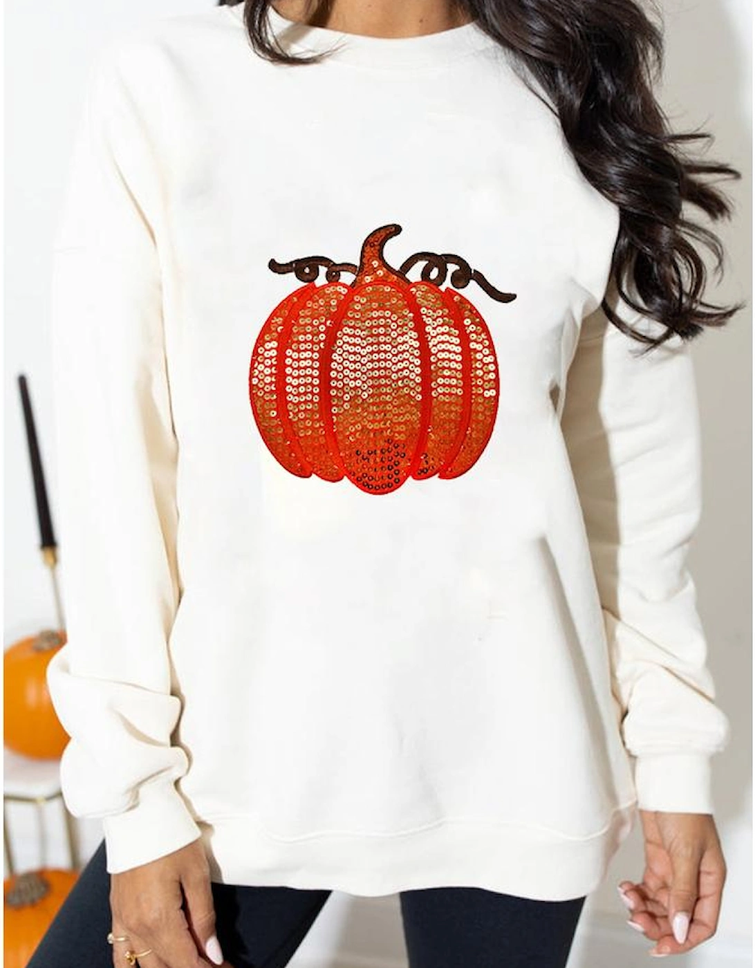 White Sequin Pumpkin Patched Casual Pullover Graphic Sweatshirt