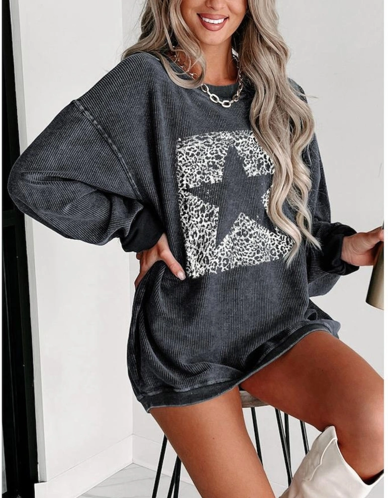 Gray Leopard Star Graphic Corded Sweatshirt